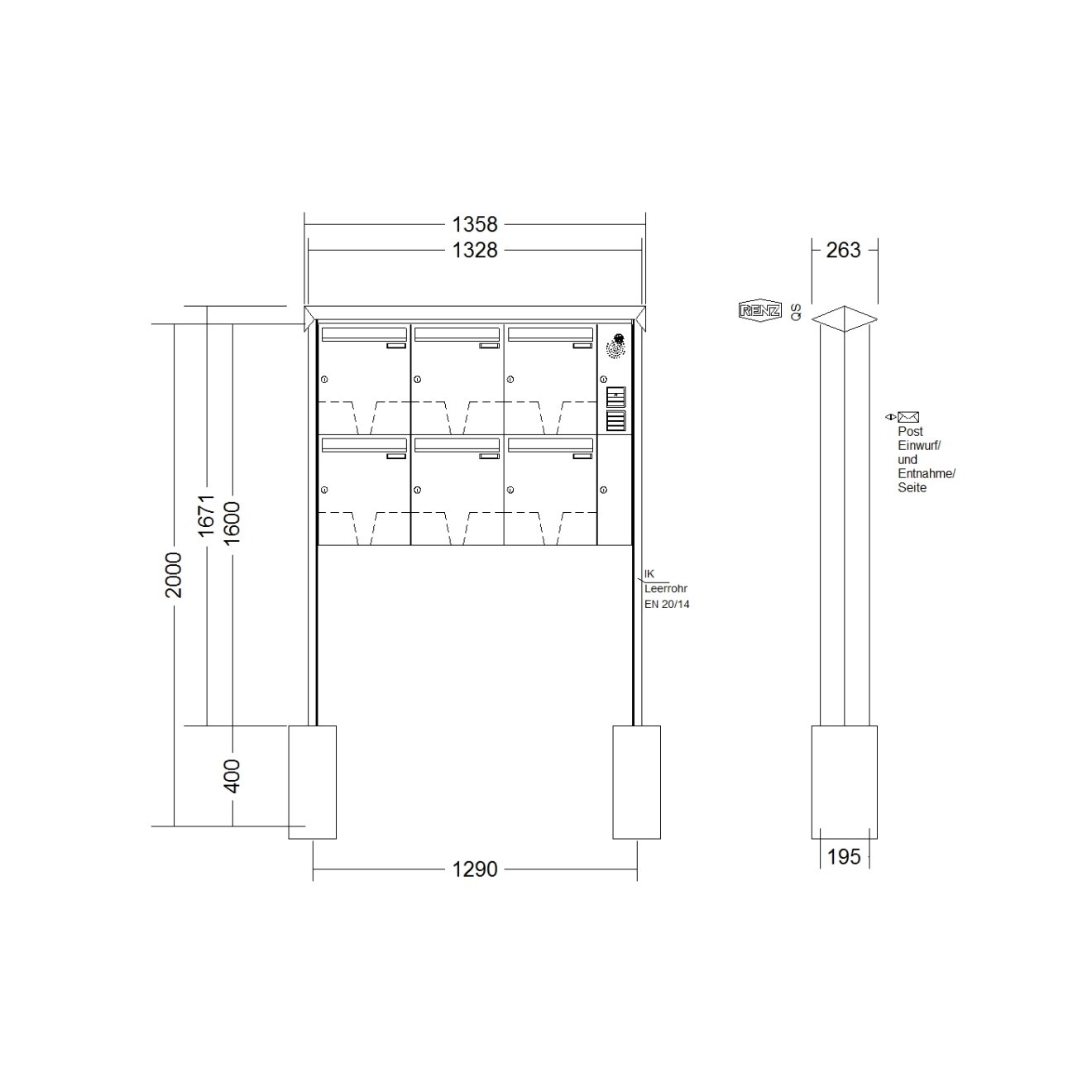 Briefkastenanlage freistehend Renz Prisma 1-6 fach