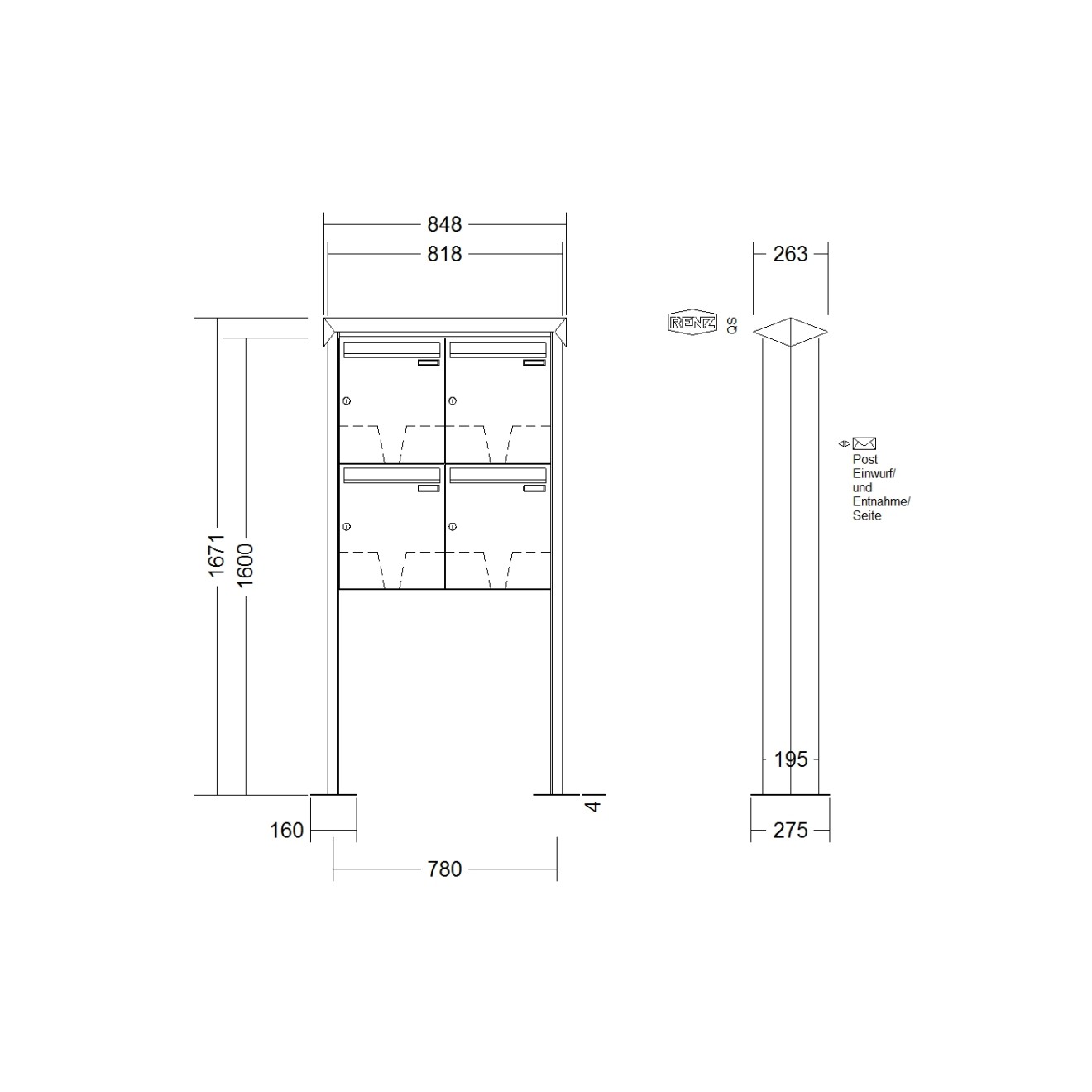 Briefkastenanlage freistehend Renz Prisma 1-6 fach