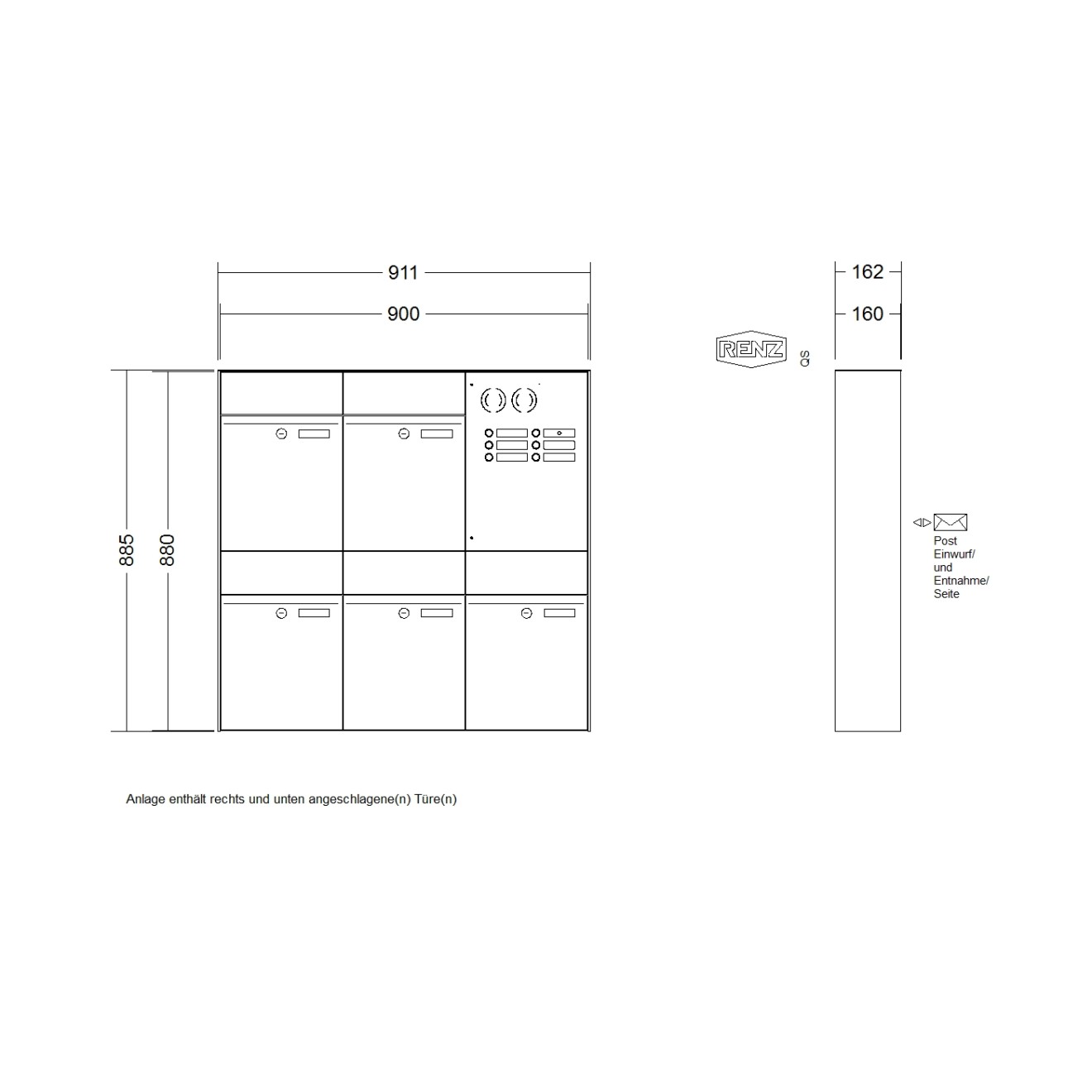 Briefkastenanlage Aufputz Renz Plan 1-6 fach
