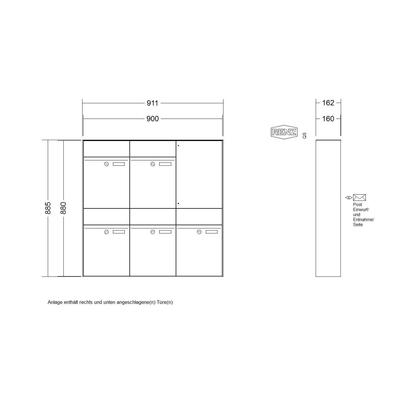 Briefkastenanlage Aufputz Renz Plan 1-6 fach