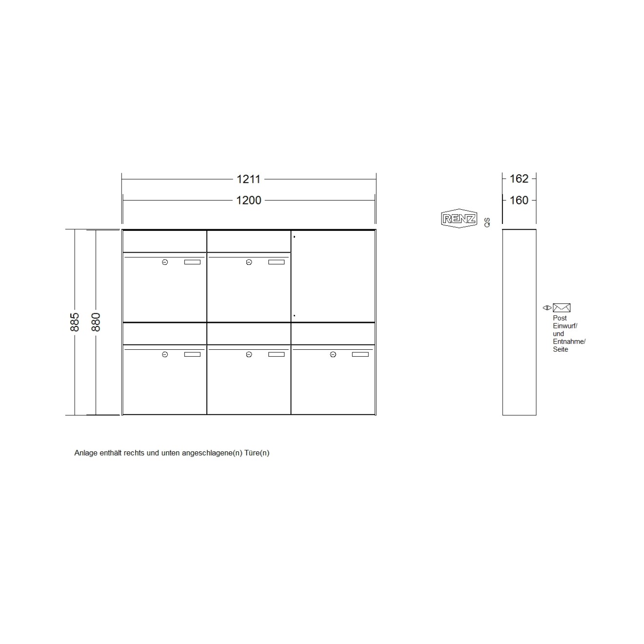 Briefkastenanlage Aufputz Renz Plan 1-6 fach