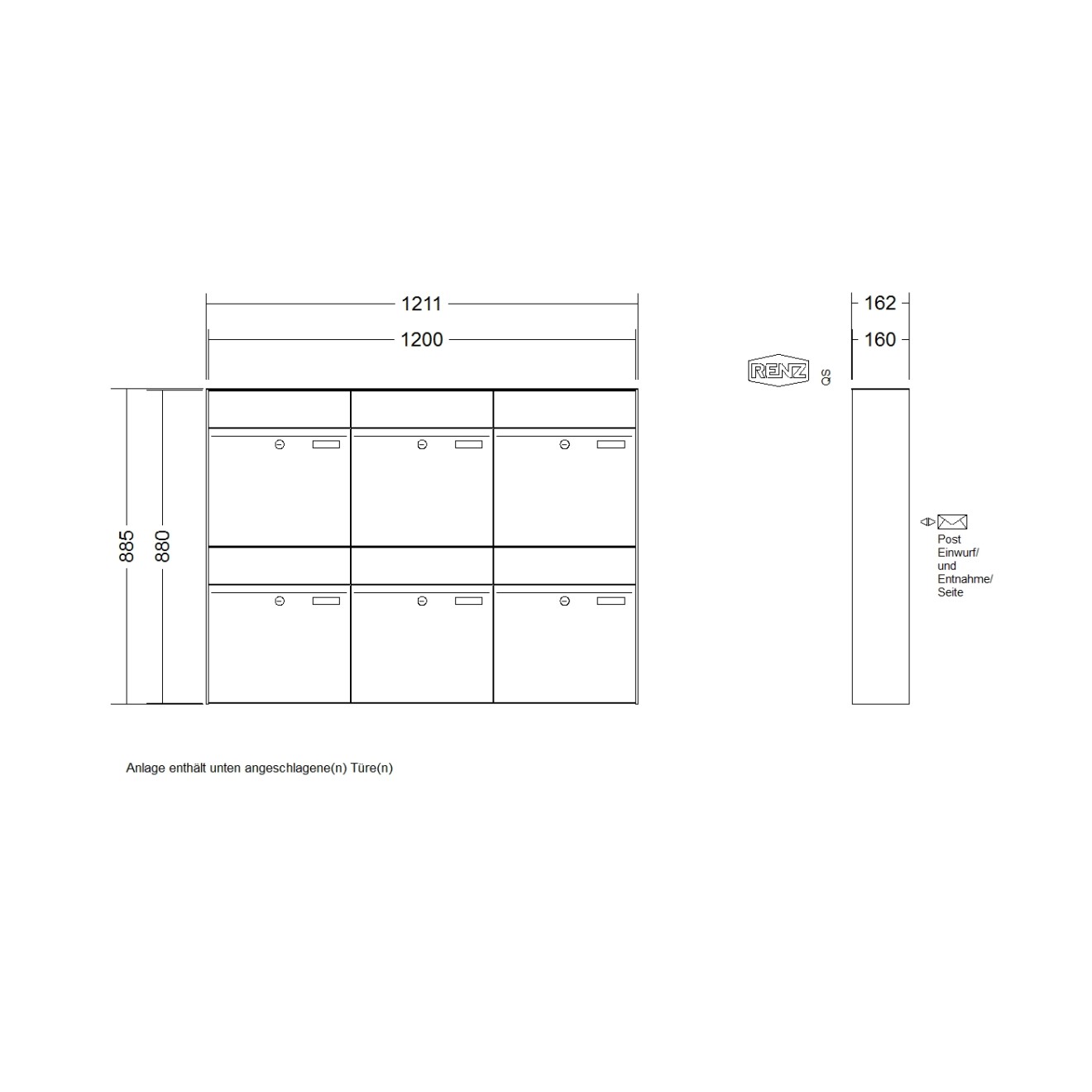 Briefkastenanlage Aufputz Renz Plan 1-6 fach