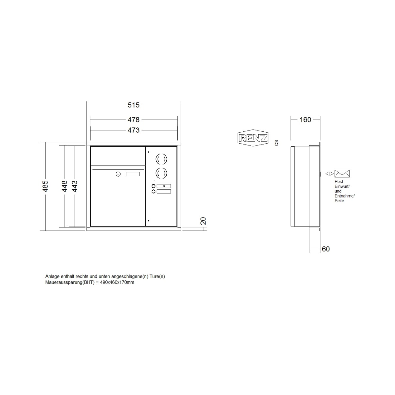 Briefkastenanlage Unterputz Renz Plan 1-6 fach