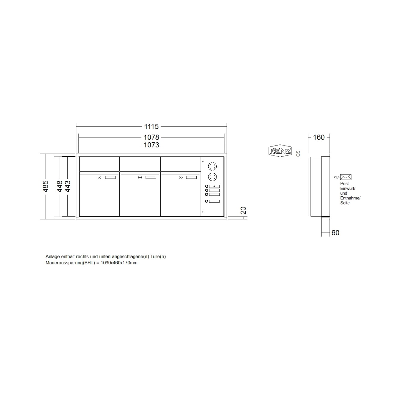 Briefkastenanlage Unterputz Renz Plan 1-6 fach