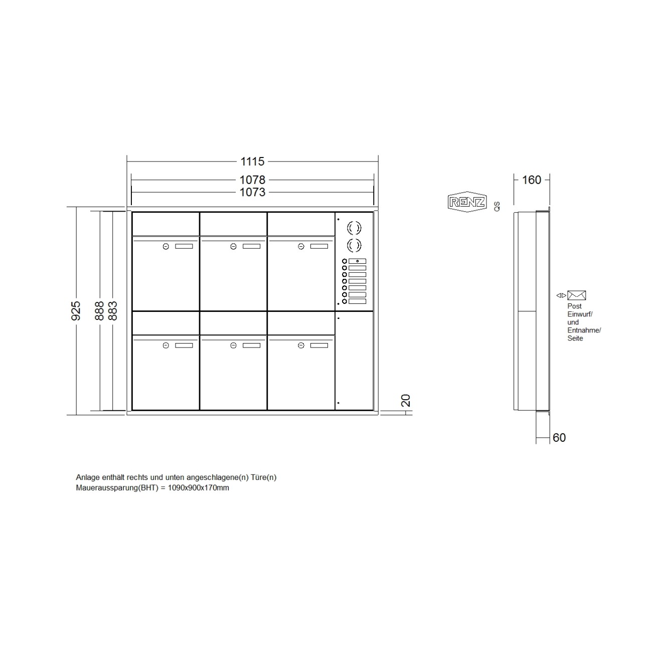 Briefkastenanlage Unterputz Renz Plan 1-6 fach