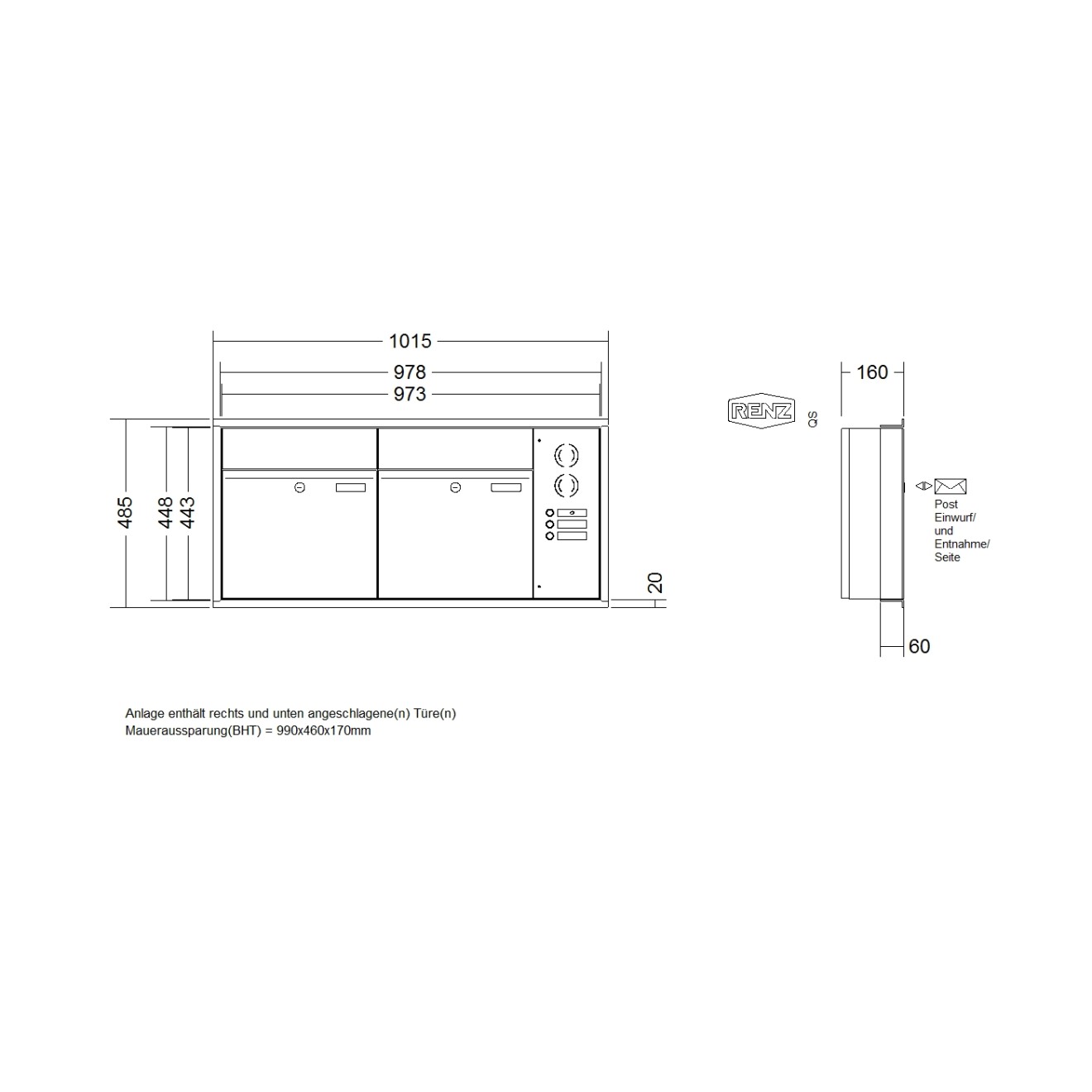 Briefkastenanlage Unterputz Renz Plan 1-6 fach