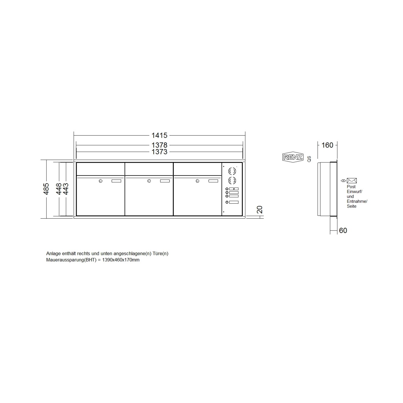 Briefkastenanlage Unterputz Renz Plan 1-6 fach