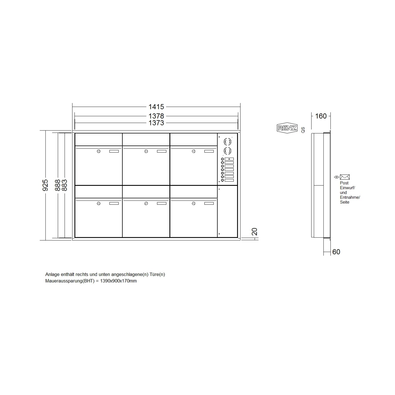 Briefkastenanlage Unterputz Renz Plan 1-6 fach