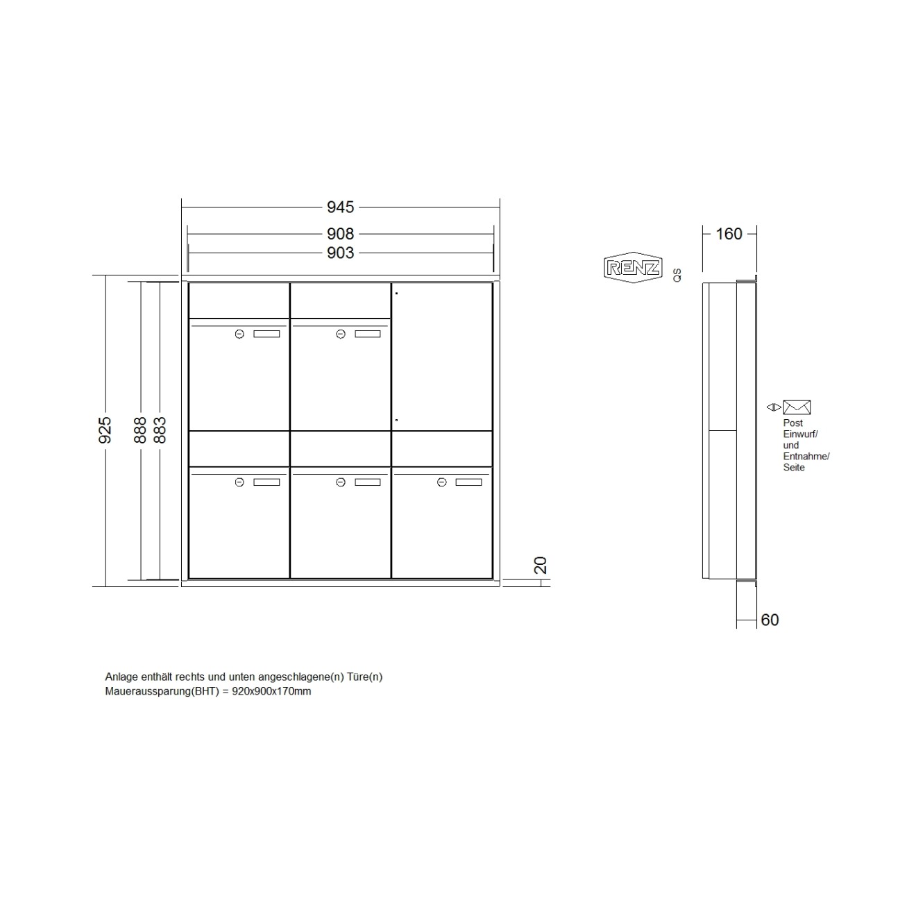 Briefkastenanlage Unterputz Renz Plan 1-6 fach