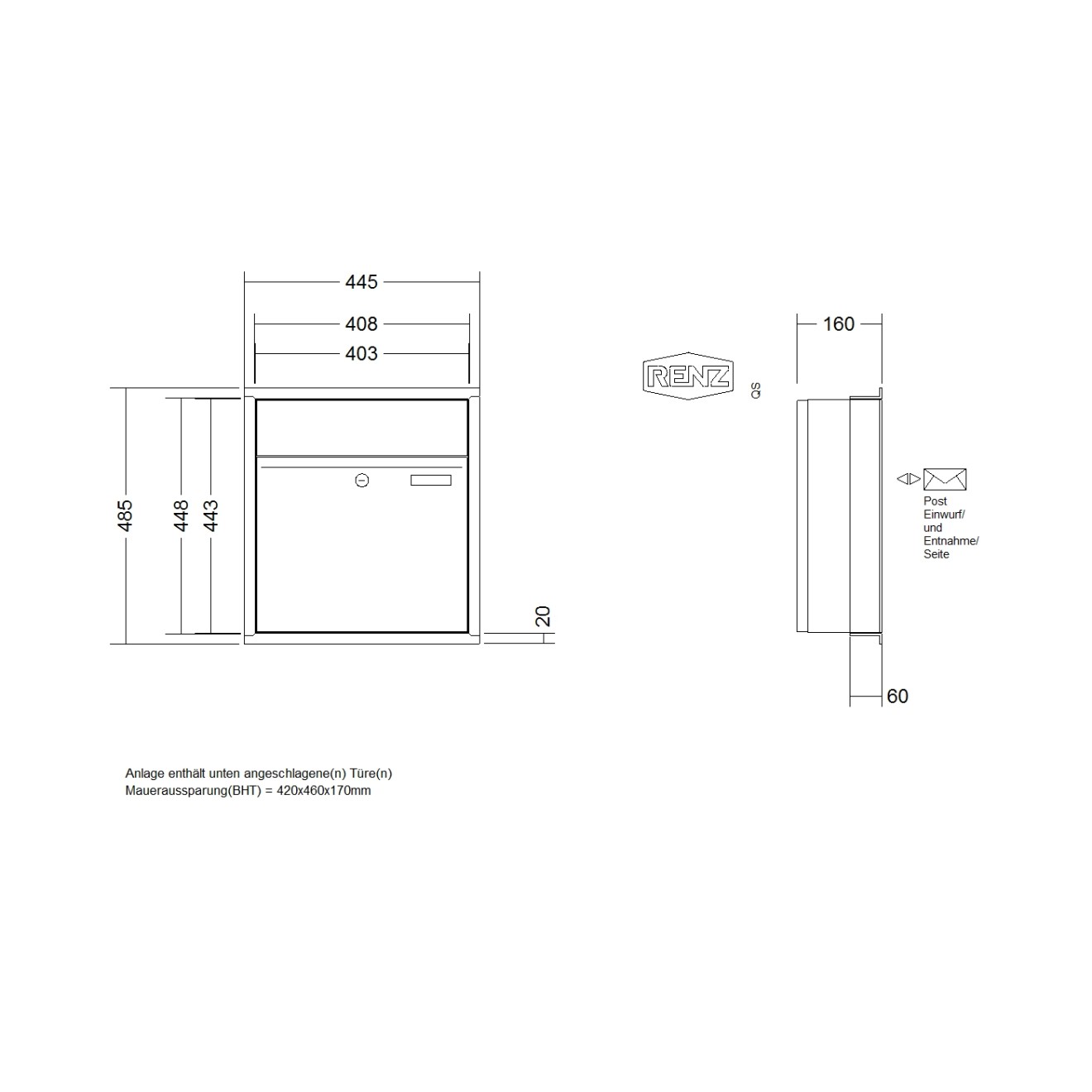 Briefkastenanlage Unterputz Renz Plan 1-6 fach