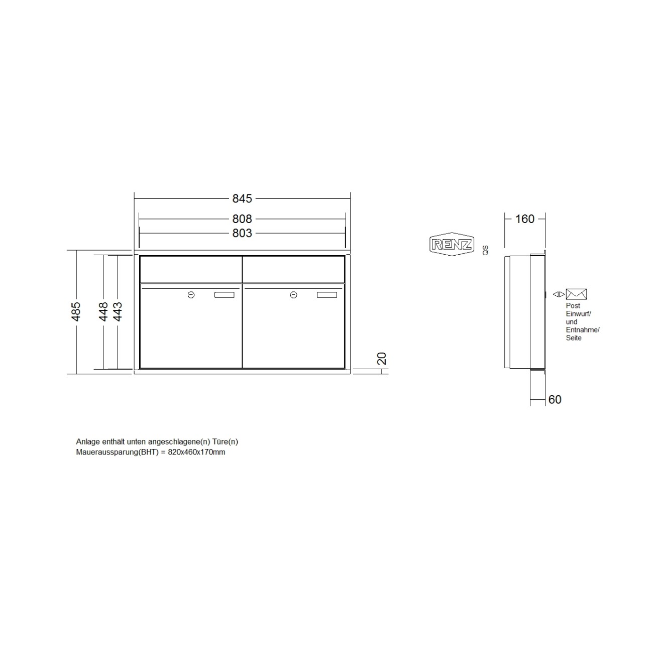 Briefkastenanlage Unterputz Renz Plan 1-6 fach