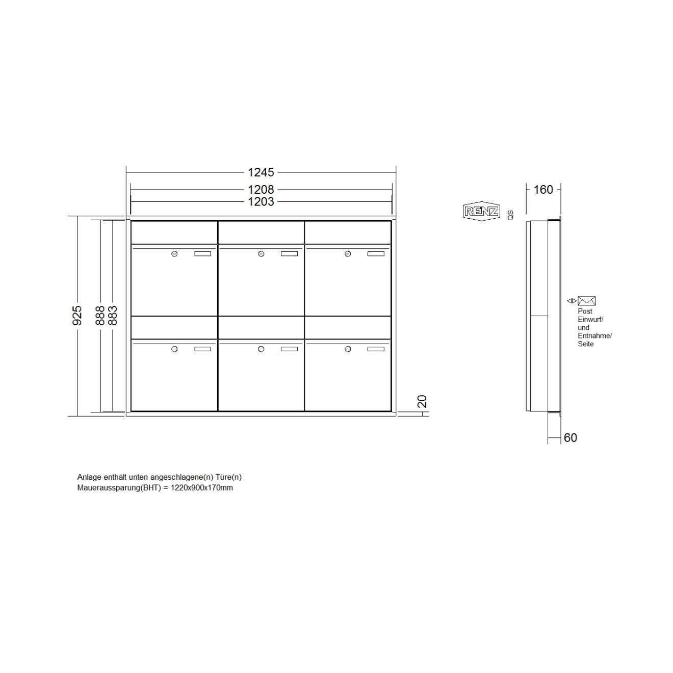 Briefkastenanlage Unterputz Renz Plan 1-6 fach