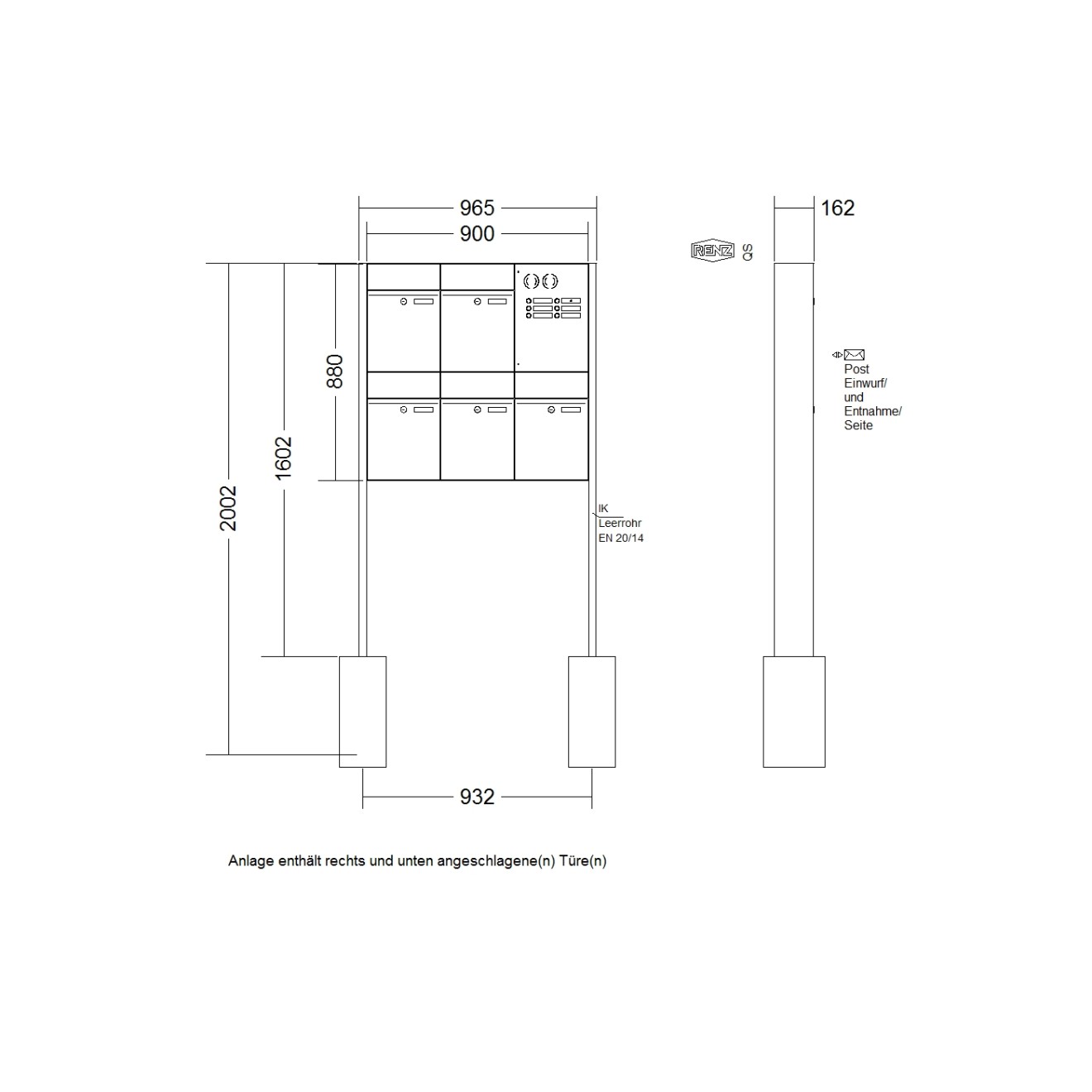 Briefkastenanlage freistehend Renz Plan 1-6 fach