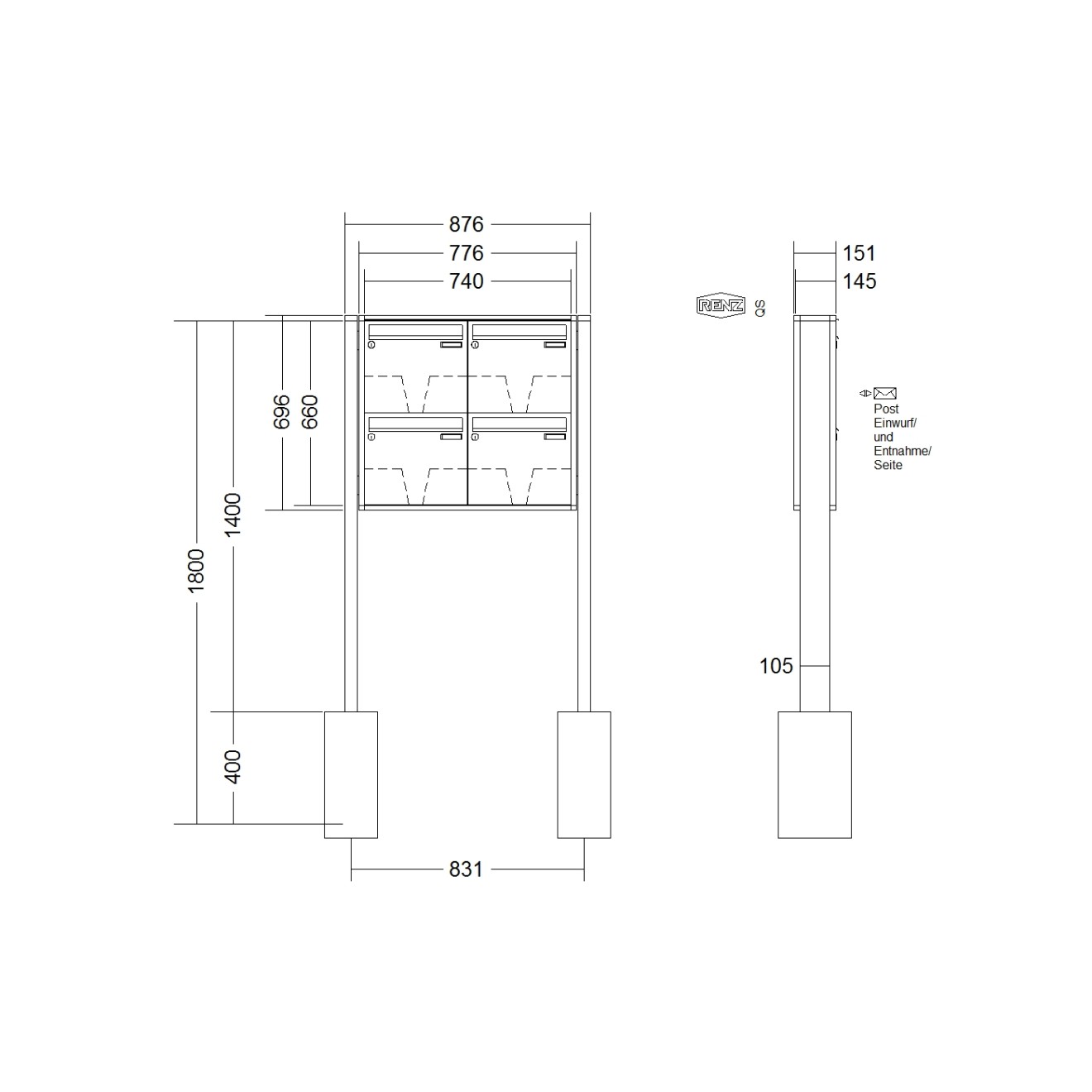 Briefkastenanlage freistehend Renz Quadra 1-6 fach