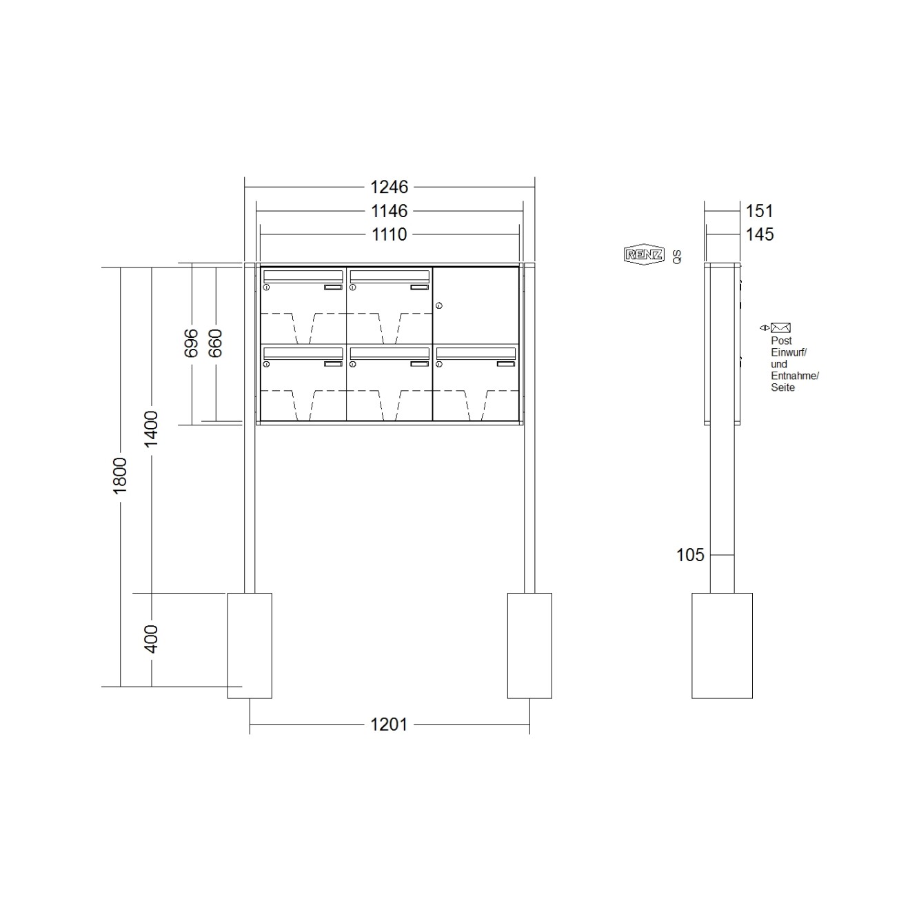Briefkastenanlage freistehend Renz Quadra 1-6 fach