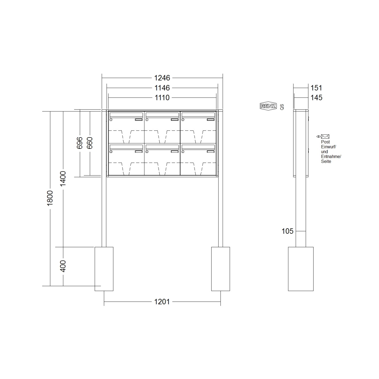 Briefkastenanlage freistehend Renz Quadra 1-6 fach