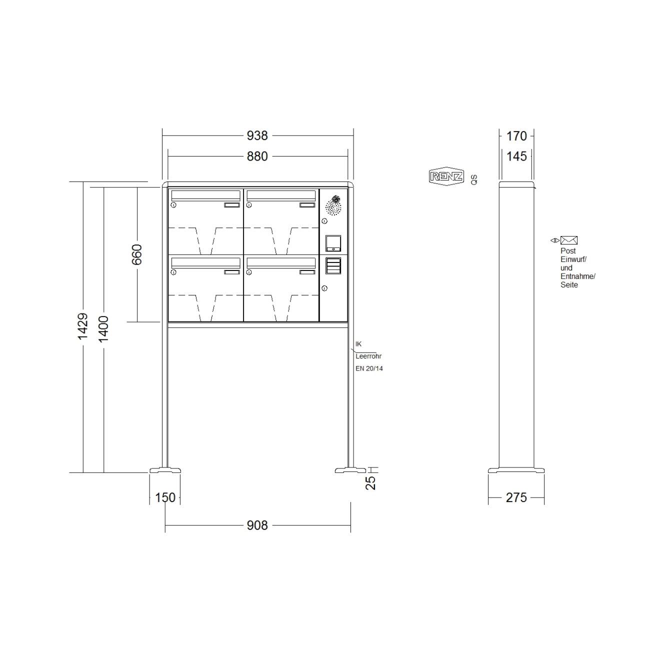 Briefkastenanlage freistehend Renz RS 2000 1-6 fach