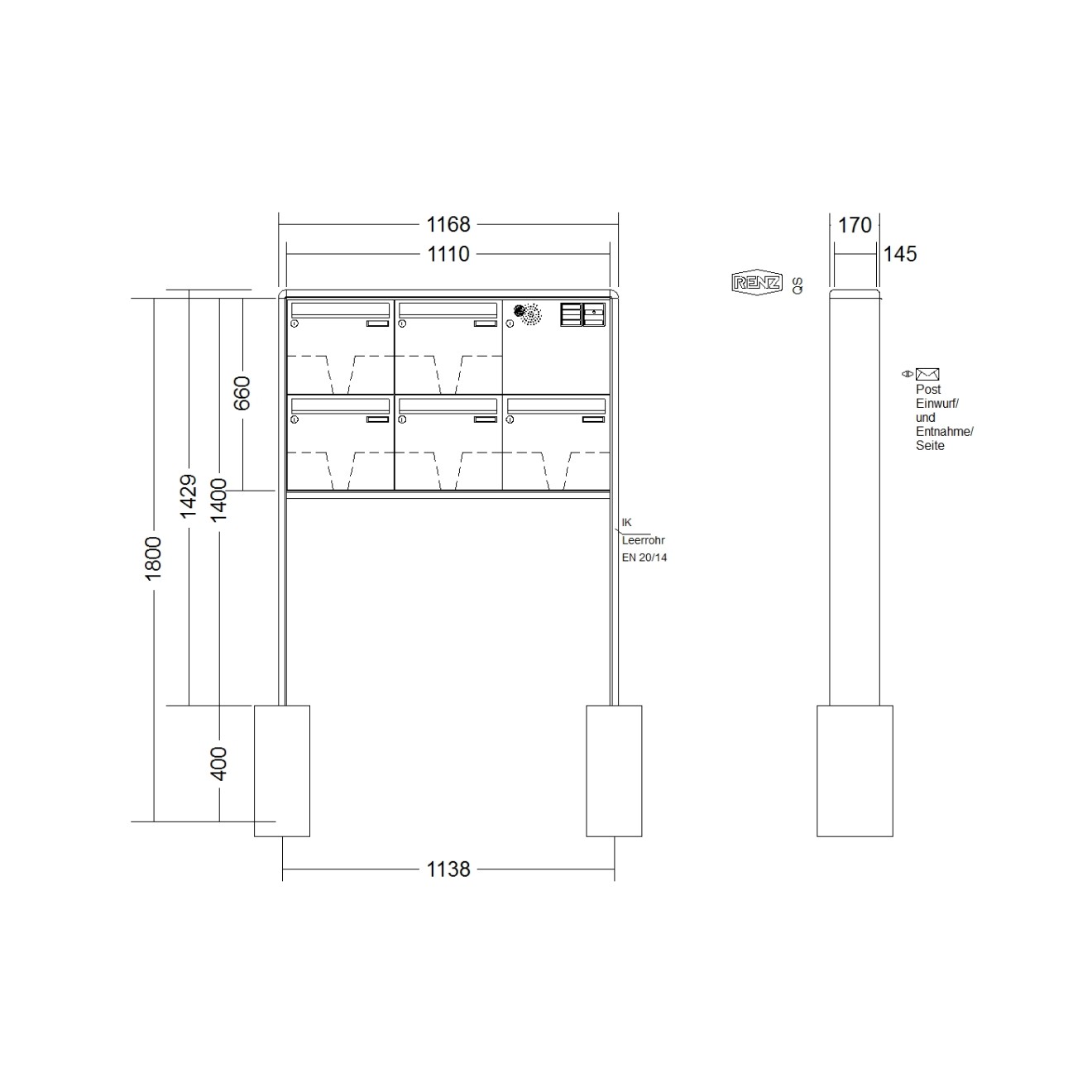 Briefkastenanlage freistehend Renz RS 2000 1-6 fach