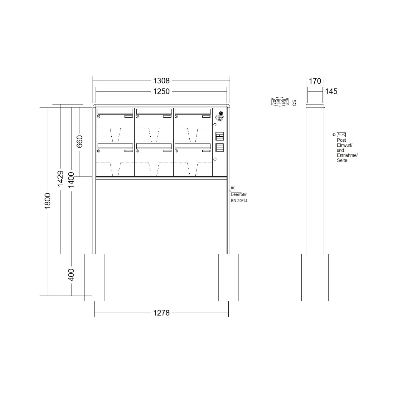 Briefkastenanlage freistehend Renz RS 2000 1-6 fach