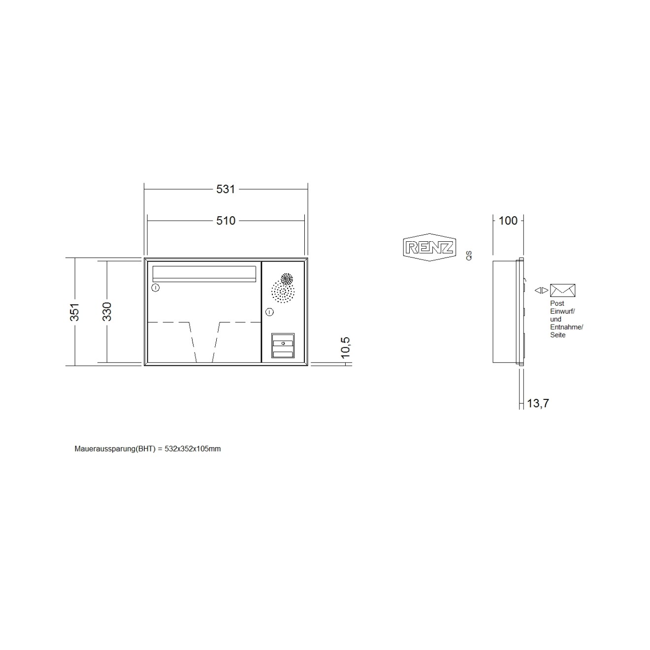 Briefkastenanlage Unterputz Renz Schattenfuge 1-6 fach