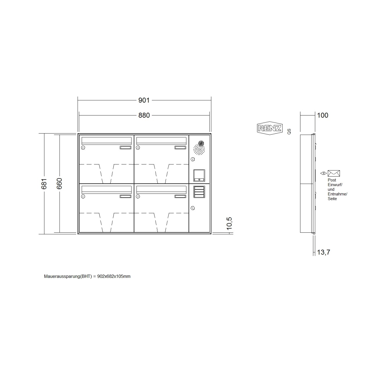 Briefkastenanlage Unterputz Renz Schattenfuge 1-6 fach
