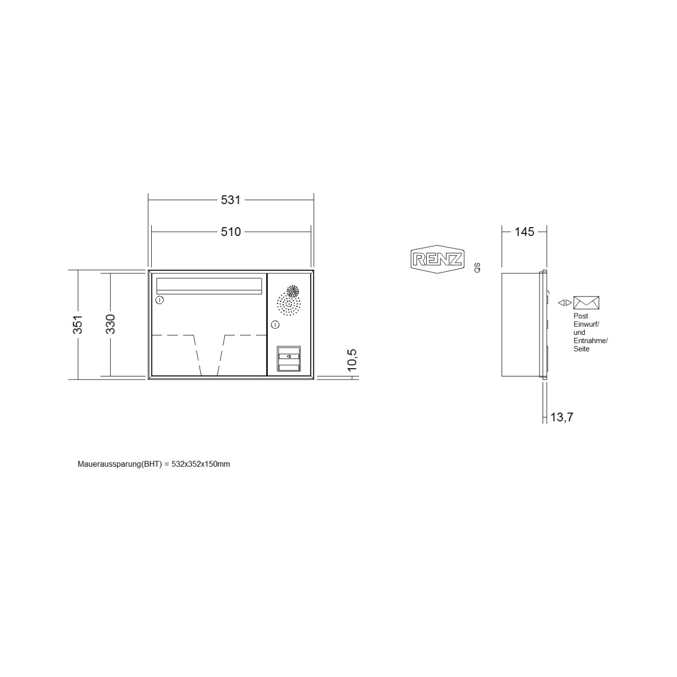 Briefkastenanlage Unterputz Renz Schattenfuge 1-6 fach