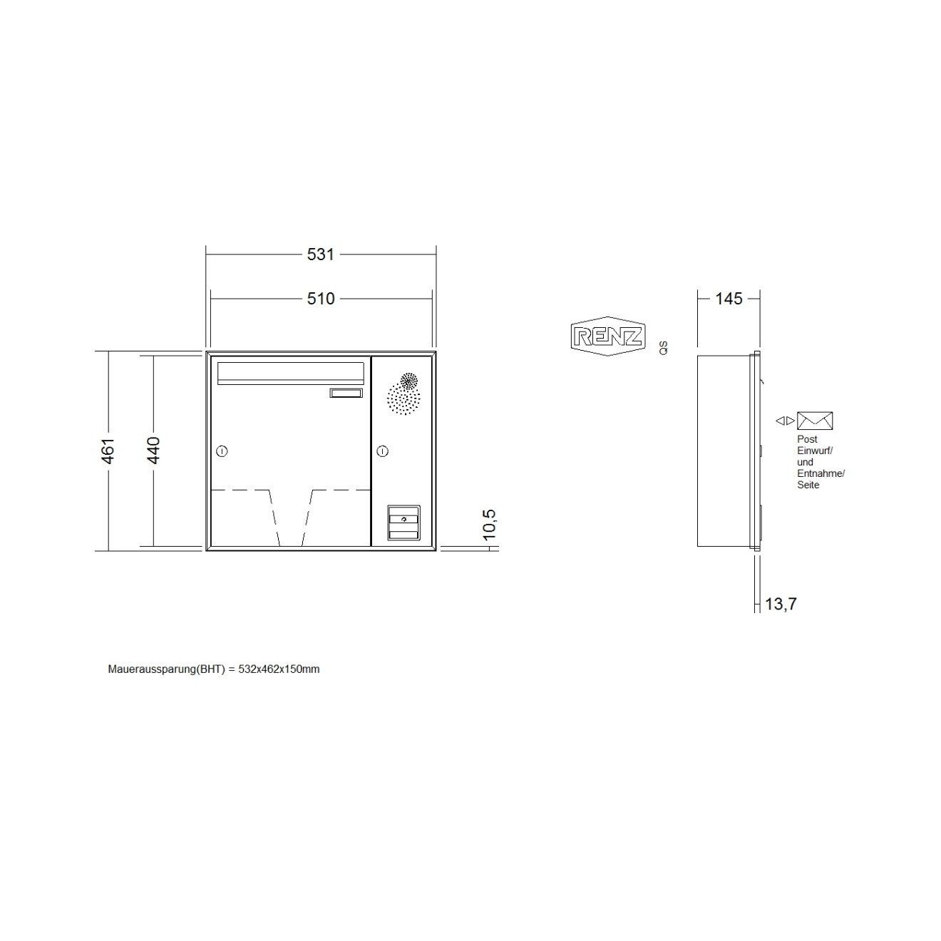 Briefkastenanlage Unterputz Renz Schattenfuge 1-6 fach