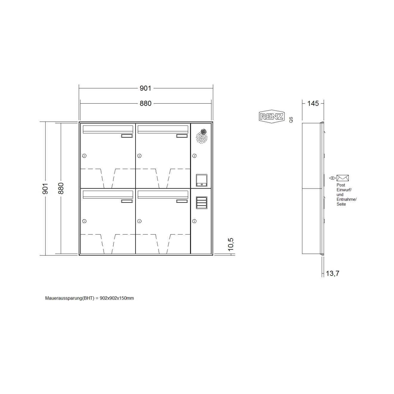 Briefkastenanlage Unterputz Renz Schattenfuge 1-6 fach