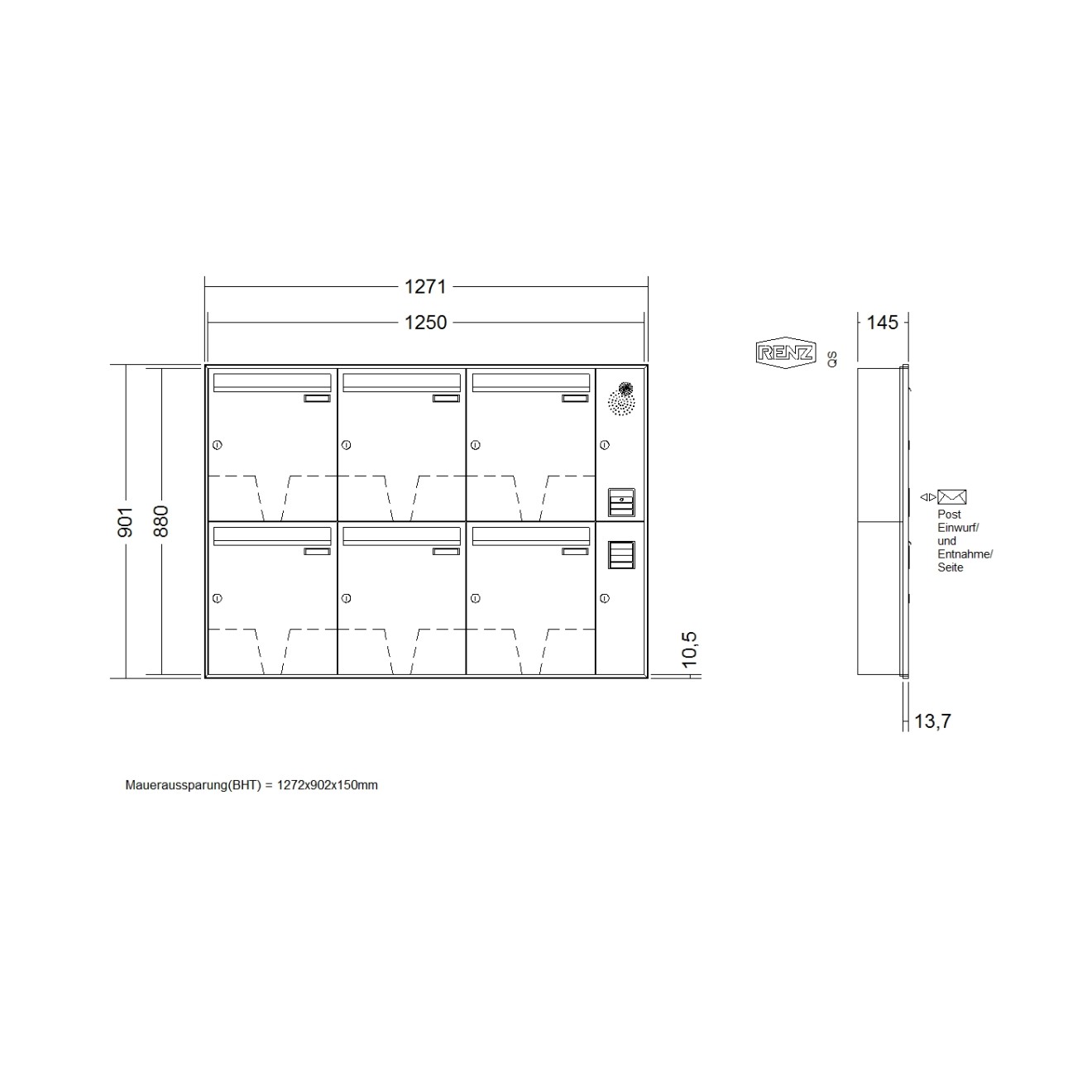 Briefkastenanlage Unterputz Renz Schattenfuge 1-6 fach