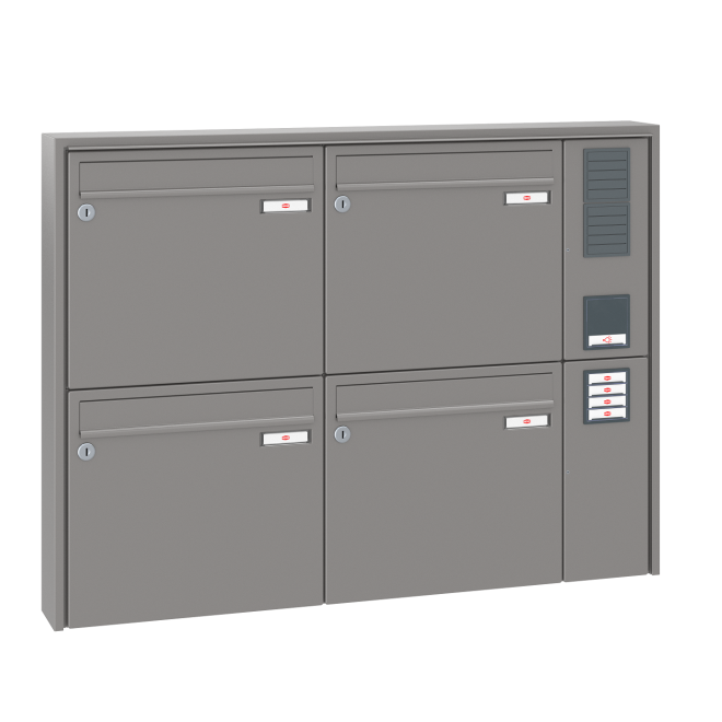 Briefkastenanlage Aufputz Renz Quadra 1-6 fach, Sprech - Klingel: mit Sprech Klingel, Kastengröße: 370 x 330 x 100mm ( 12 Liter ), Teilnehmer: 4 Teilnehmer, Anlagenfarbe: Standard Farben