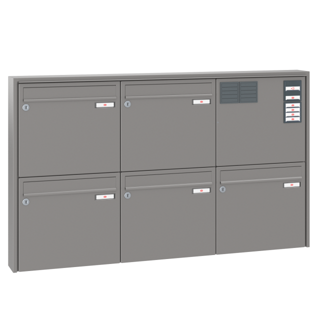 Briefkastenanlage Aufputz Renz Quadra 1-6 fach, Sprech - Klingel: mit Sprech Klingel, Kastengröße: 370 x 330 x 100mm ( 12 Liter ), Teilnehmer: 5 Teilnehmer, Anlagenfarbe: Standard Farben