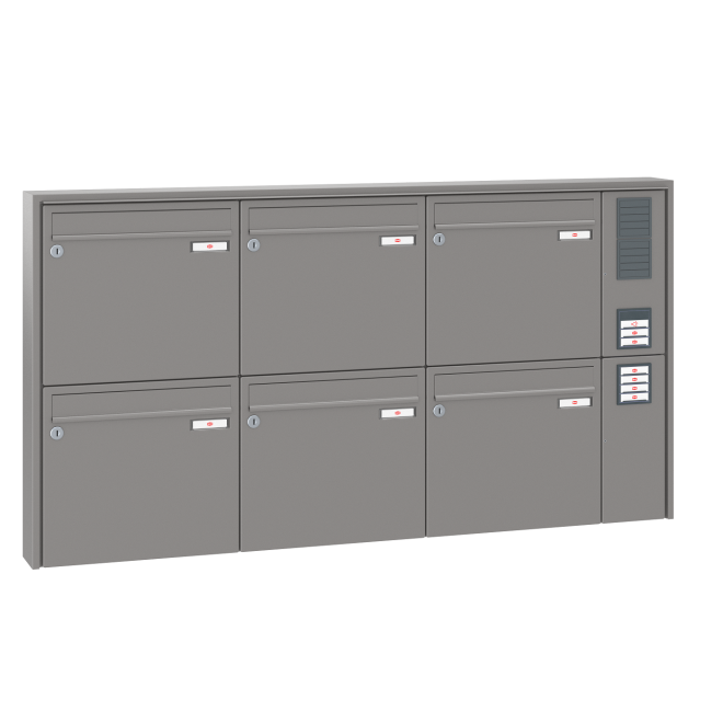 Briefkastenanlage Aufputz Renz Quadra 1-6 fach, Sprech - Klingel: mit Sprech Klingel, Kastengröße: 370 x 330 x 100mm ( 12 Liter ), Teilnehmer: 6 Teilnehmer, Anlagenfarbe: Standard Farben