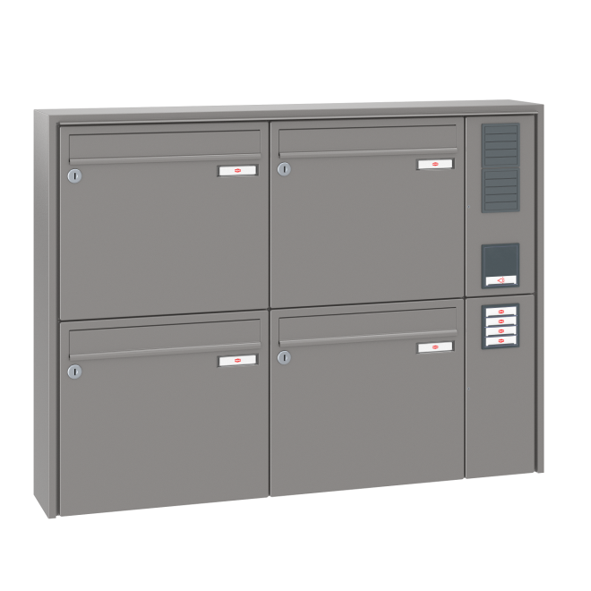 Briefkastenanlage Aufputz Renz Quadra 1-6 fach, Sprech - Klingel: mit Sprech Klingel, Kastengröße: 370 x 330 x 145mm ( 17 Liter ), Teilnehmer: 4 Teilnehmer, Anlagenfarbe: Standard Farben