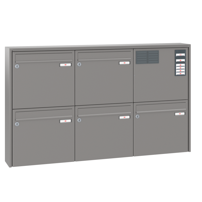 Briefkastenanlage Aufputz Renz Quadra 1-6 fach, Sprech - Klingel: mit Sprech Klingel, Kastengröße: 370 x 330 x 145mm ( 17 Liter ), Teilnehmer: 5 Teilnehmer, Anlagenfarbe: Standard Farben