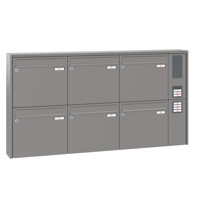 Briefkastenanlage Aufputz Renz Quadra 1-6 fach, Sprech - Klingel: mit Sprech Klingel, Kastengröße: 370 x 330 x 145mm ( 17 Liter ), Teilnehmer: 6 Teilnehmer, Anlagenfarbe: Standard Farben