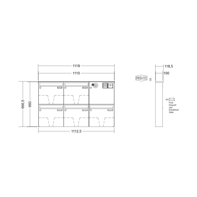 Briefkastenanlage Aufputz Renz Basic 1-6 fach, Sprech - Klingel: mit Sprech Klingel, Kastengröße: 370 x 330 x 100mm ( 12 Liter ), Teilnehmer: 5 Teilnehmer, Anlagenfarbe: Standard Farben