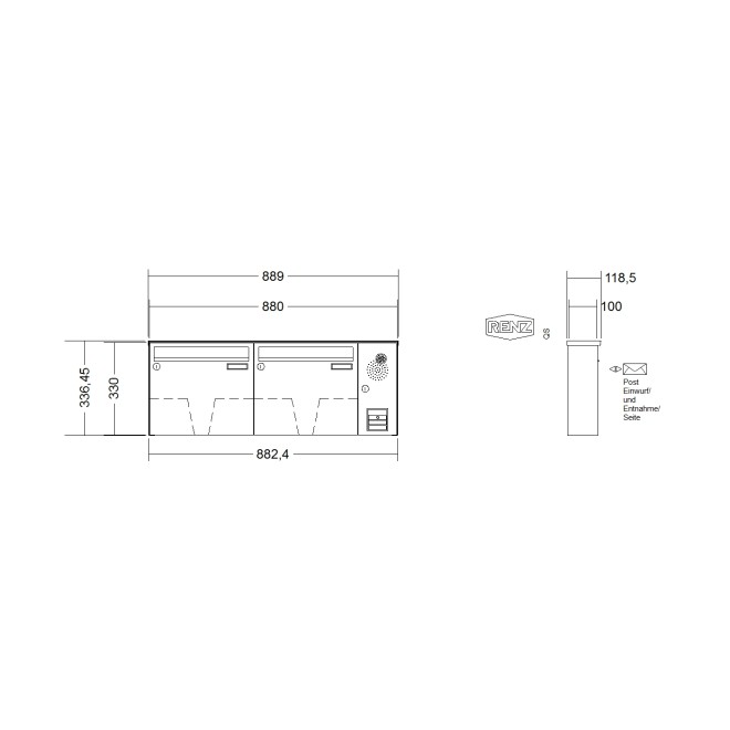 Briefkastenanlage Aufputz Renz Basic 1-6 fach, Sprech - Klingel: mit Sprech Klingel, Kastengröße: 370 x 330 x 100mm ( 12 Liter ), Teilnehmer: 2 Teilnehmer, Anlagenfarbe: Edelstahl V4A