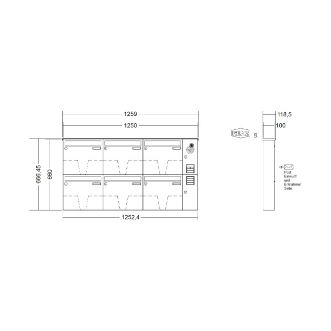 Briefkastenanlage Aufputz Renz Basic 1-6 fach, Sprech - Klingel: mit Sprech Klingel, Kastengröße: 370 x 330 x 100mm ( 12 Liter ), Teilnehmer: 6 Teilnehmer, Anlagenfarbe: Edelstahl V4A