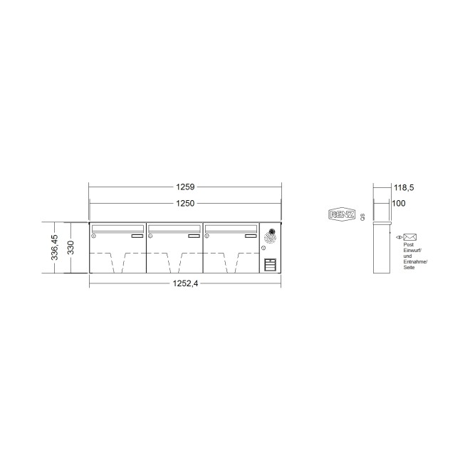 Briefkastenanlage Aufputz Renz Basic 1-6 fach, Sprech - Klingel: mit Sprech Klingel, Kastengröße: 370 x 330 x 100mm ( 12 Liter ), Teilnehmer: 3 Teilnehmer, Anlagenfarbe: Edelstahl V4A