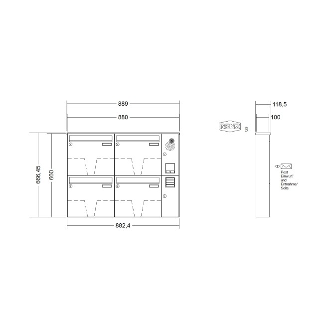 Briefkastenanlage Aufputz Renz Basic 1-6 fach, Sprech - Klingel: mit Sprech Klingel, Kastengröße: 370 x 330 x 100mm ( 12 Liter ), Teilnehmer: 4 Teilnehmer, Anlagenfarbe: Edelstahl V4A