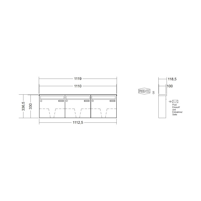 Briefkastenanlage Aufputz Renz Basic 1-6 fach, Sprech - Klingel: ohne Sprech - Klingel, Kastengröße: 370 x 330 x 100mm ( 12 Liter ), Teilnehmer: 3 Teilnehmer, Anlagenfarbe: Standard Farben