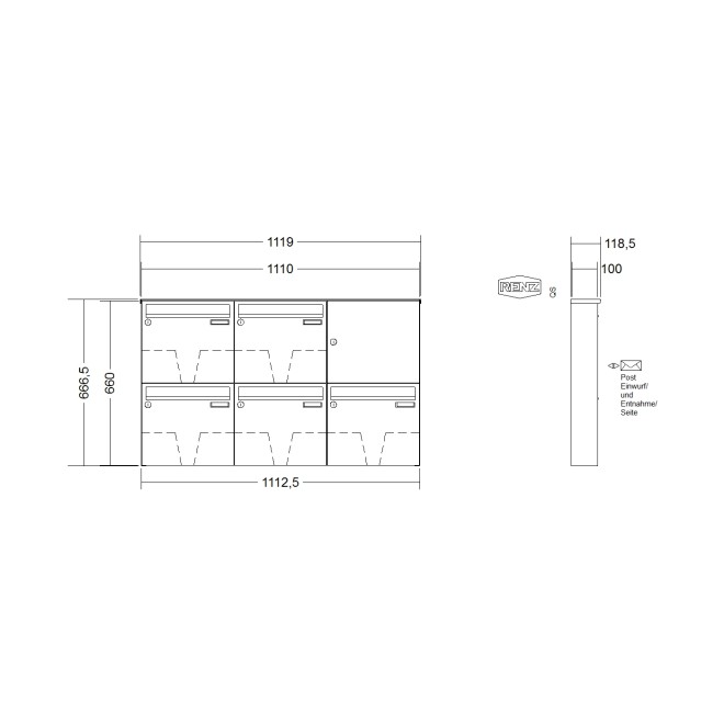 Briefkastenanlage Aufputz Renz Basic 1-6 fach, Sprech - Klingel: ohne Sprech - Klingel, Kastengröße: 370 x 330 x 100mm ( 12 Liter ), Teilnehmer: 5 Teilnehmer, Anlagenfarbe: Standard Farben