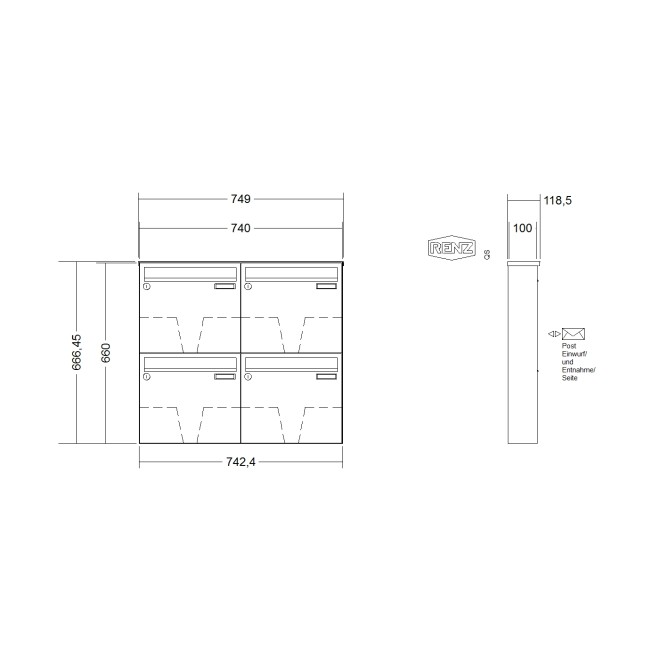 Briefkastenanlage Aufputz Renz Basic 1-6 fach, Sprech - Klingel: ohne Sprech - Klingel, Kastengröße: 370 x 330 x 100mm ( 12 Liter ), Teilnehmer: 4 Teilnehmer, Anlagenfarbe: Edelstahl V4A