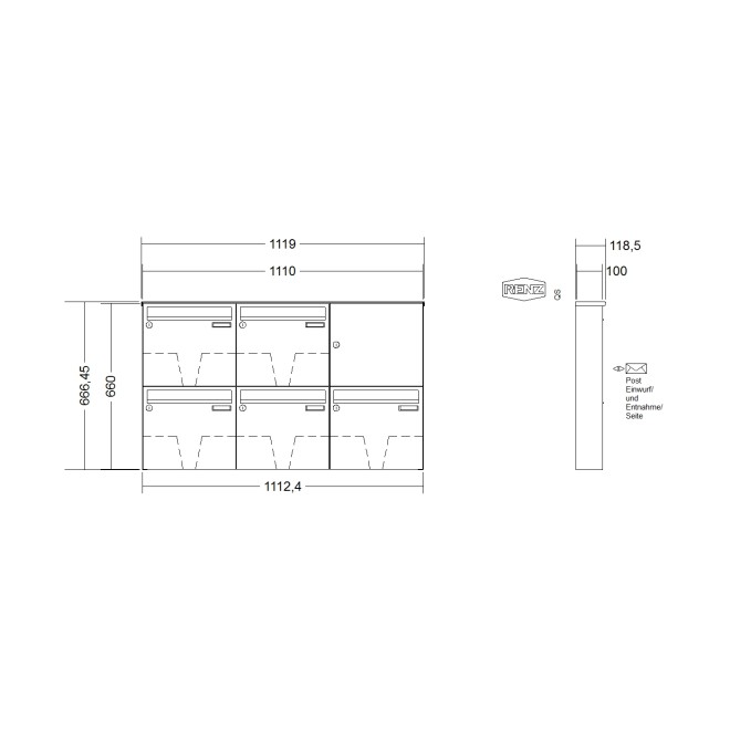 Briefkastenanlage Aufputz Renz Basic 1-6 fach, Sprech - Klingel: ohne Sprech - Klingel, Kastengröße: 370 x 330 x 100mm ( 12 Liter ), Teilnehmer: 5 Teilnehmer, Anlagenfarbe: Edelstahl V4A
