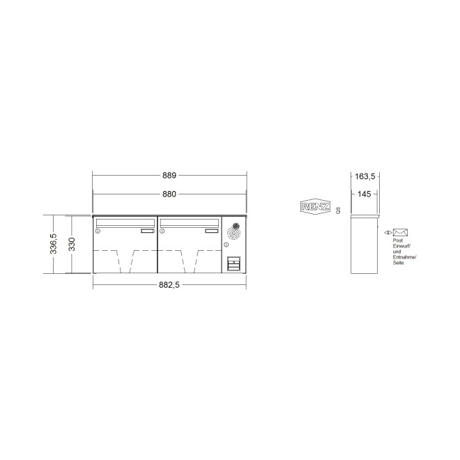 Briefkastenanlage Aufputz Renz Basic 1-6 fach, Sprech - Klingel: mit Sprech Klingel, Kastengröße: 370 x 330 x 145mm ( 17 Liter ), Teilnehmer: 2 Teilnehmer, Anlagenfarbe: Standard Farben