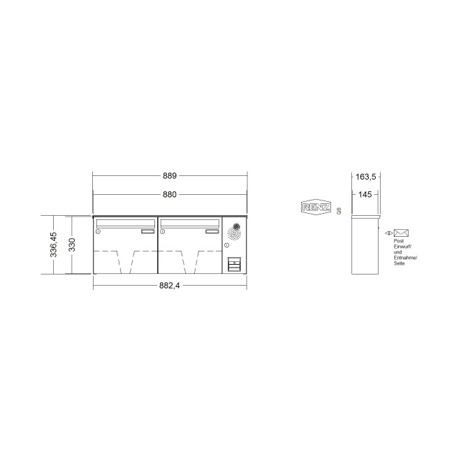 Briefkastenanlage Aufputz Renz Basic 1-6 fach, Sprech - Klingel: mit Sprech Klingel, Kastengröße: 370 x 330 x 145mm ( 17 Liter ), Teilnehmer: 2 Teilnehmer, Anlagenfarbe: Edelstahl V4A