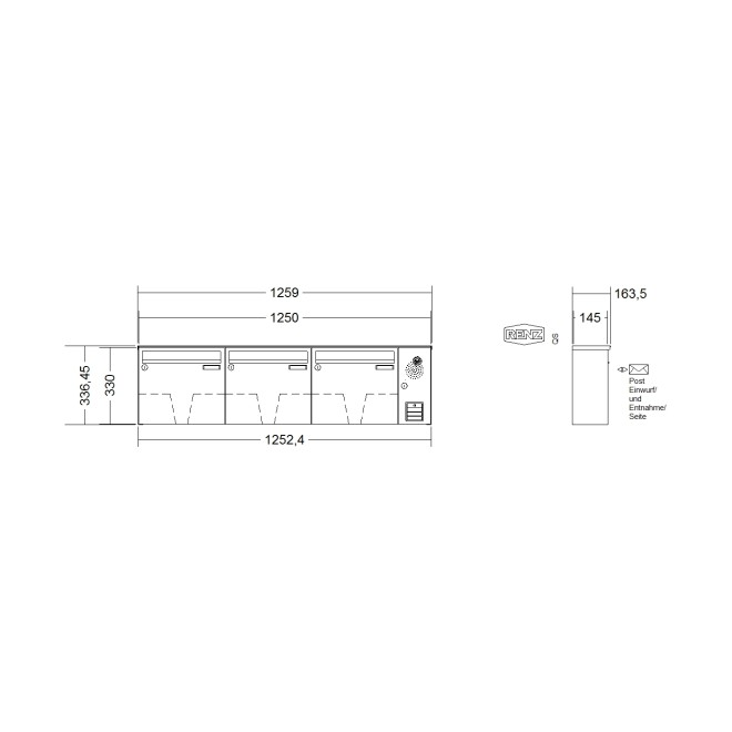 Briefkastenanlage Aufputz Renz Basic 1-6 fach, Sprech - Klingel: mit Sprech Klingel, Kastengröße: 370 x 330 x 145mm ( 17 Liter ), Teilnehmer: 3 Teilnehmer, Anlagenfarbe: Edelstahl V4A