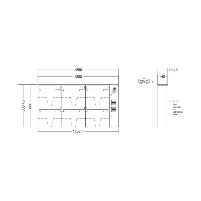 Briefkastenanlage Aufputz Renz Basic 1-6 fach, Sprech - Klingel: mit Sprech Klingel, Kastengröße: 370 x 330 x 145mm ( 17 Liter ), Teilnehmer: 6 Teilnehmer, Anlagenfarbe: Edelstahl V4A