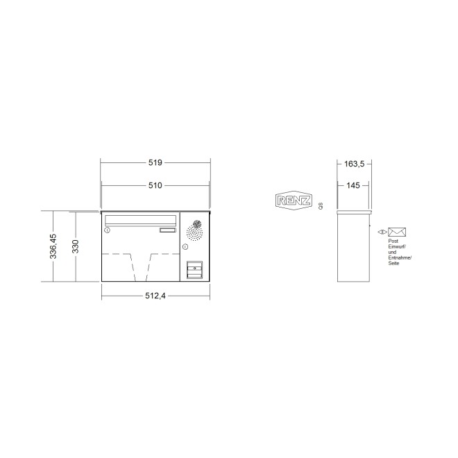 Briefkastenanlage Aufputz Renz Basic 1-6 fach, Sprech - Klingel: mit Sprech Klingel, Kastengröße: 370 x 330 x 145mm ( 17 Liter ), Teilnehmer: 1 Teilnehmer, Anlagenfarbe: Edelstahl V4A