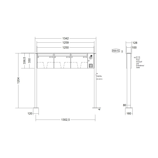 Briefkastenanlage freistehend Renz Basic 1-6 fach, Sprech - Klingel: mit Sprech Klingel, Montageart: zum Aufschrauben, Kastengröße: 370 x 330 x 100mm ( 12 Liter ), Teilnehmer: 3 Teilnehmer, Anlagenfarbe: Standard Farben